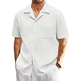 Mens Waffle Button Down Shirt Short Sleeve Loose Fit Cuban Summer Beach Plain Tops