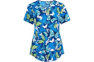 ODEUIAOD Womens Scrub Tops Fashion Printed Work Uniform T-Shirt V Neck Short Sleeve Nurse Tops Tunic Blouse with Pocket