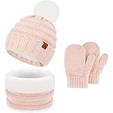 Toddler Kids Winter Warm Knit Beanie Hat Neck Warmer Scarf Gloves Set with Pompom Gifts for 2 3 4 5 6Years Old Girls Boys