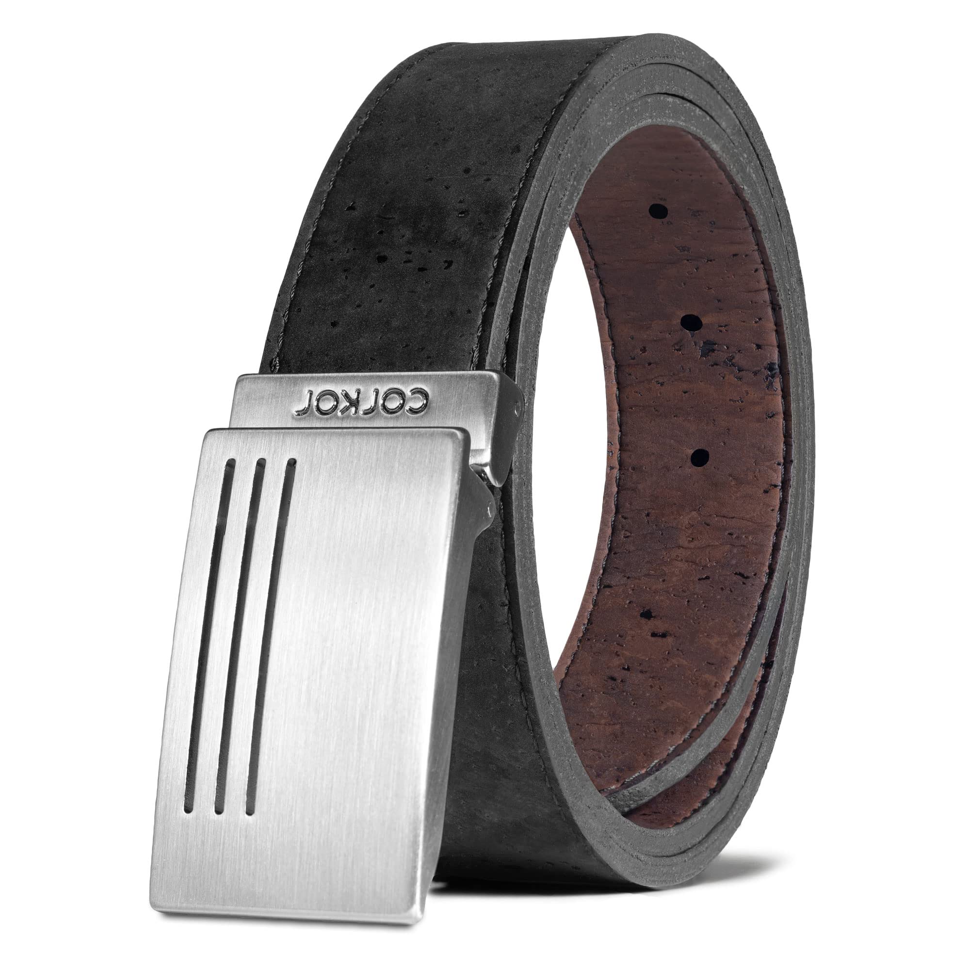 Corkor Men's Reversible Cork Belt – Plaque Buckle - Faux Leather - Adjustable Belt – Belt for Men - Brown Black - 35mm Wide, Black + Brown, XX-Large