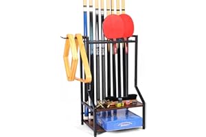 EnigmaSoul Floor Pool Cue Rack Holds 24 Cue Sticks & Pool Table Accessories, Pool Stick Holder with Ping Pong Storage, Wooden Floor Stand Pool Cue Holder for Game Room Billiard Club or Man Cave