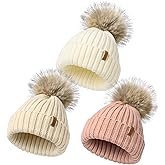 Kids Winter Hat Toddler Stretchy Knitted Beanie with Faux Fur Pom Poms Beanie for Baby Girls Boys