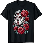 Dia de Muertos Cinco de Mayo Sugar Skull Women Red Roses T-Shirt