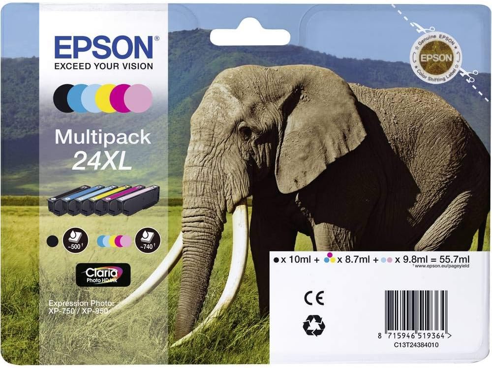 Epson 24XL Elephant High Yield Multipack 6-Color Claria Photo HD Ink Cartridges