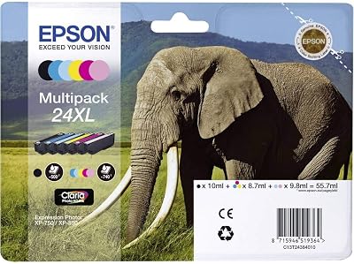 Epson 24XL Elephant High Yield Multipack 6-Color Claria Photo HD Ink Cartridges
