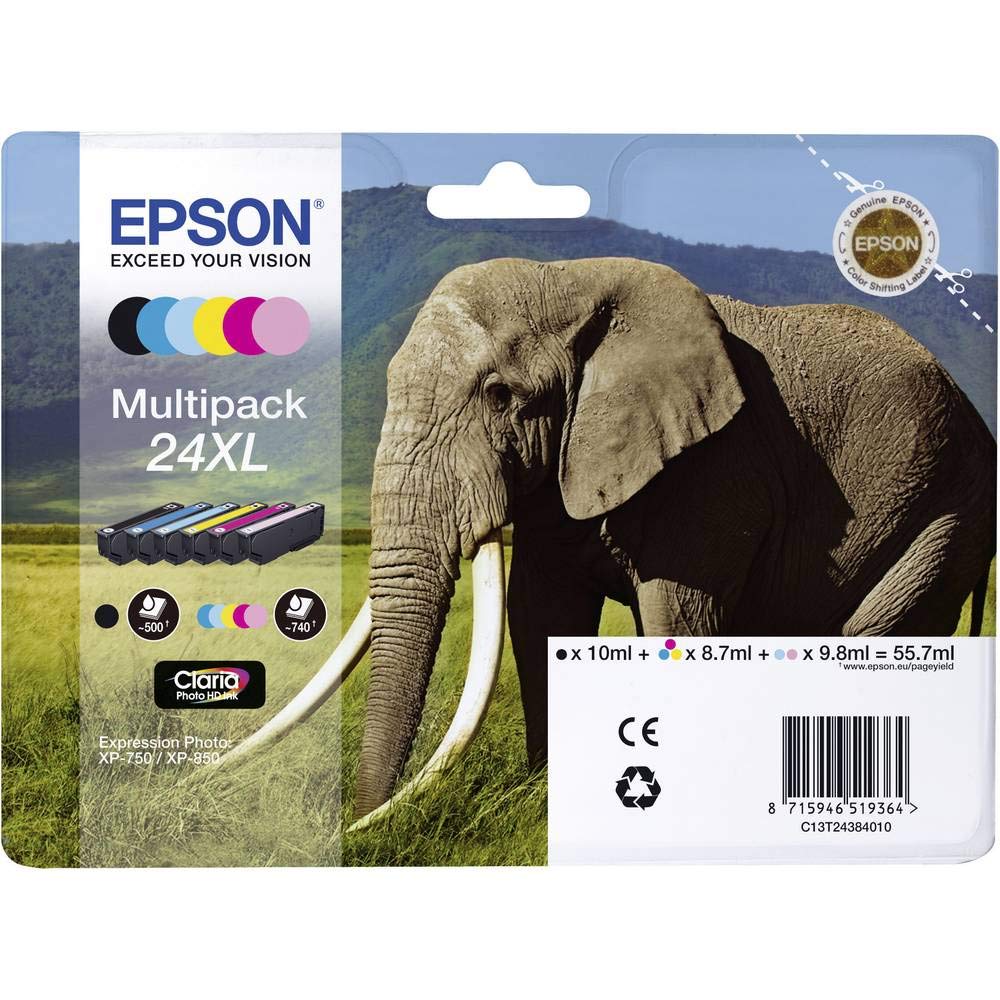 Epson 24XL Elephant High Yield Genuine Multipack, 6-colours Claria Photo HD Ink Cartridges, Black/Yellow/Magenta/Cyan, XL High Capacity