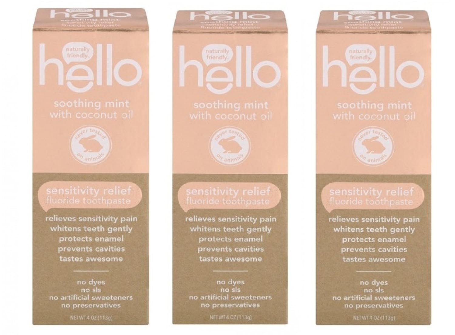 Hello Sensitivity Relief Toothpaste Soothing Mint with Coconut Oil 4.2 Oz (Pack Of 3)