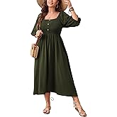 SHESTARR Women's Plus Size Casual Dresses Square Neck Button Up Smocked 3/4 Puff Sleeve Empire Wasit A-line Flowy Midi Dress