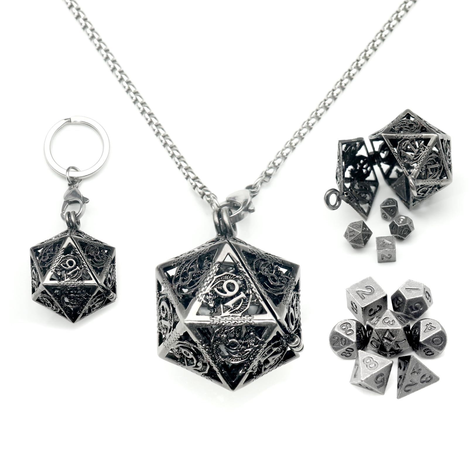 Haxtec Mini Metal D&D Dice Set - Silver Hollow D20 Necklace & Keychain - 7PCS — image 1