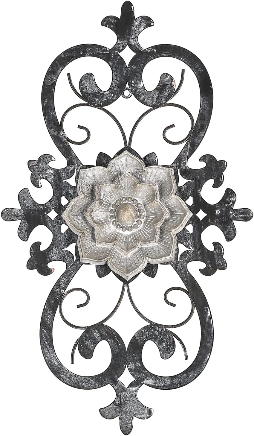 Plaques & Wall Art - Metal Flowers Wall Decor, Metal Scroll Floral Wall Art, Hanging Wall Sculpture with Wooden Bohemian Flower, Iron Wall Decoration for Living Room Kitchen, Outside Wall Decor for Garden - 15.75” x 9”
