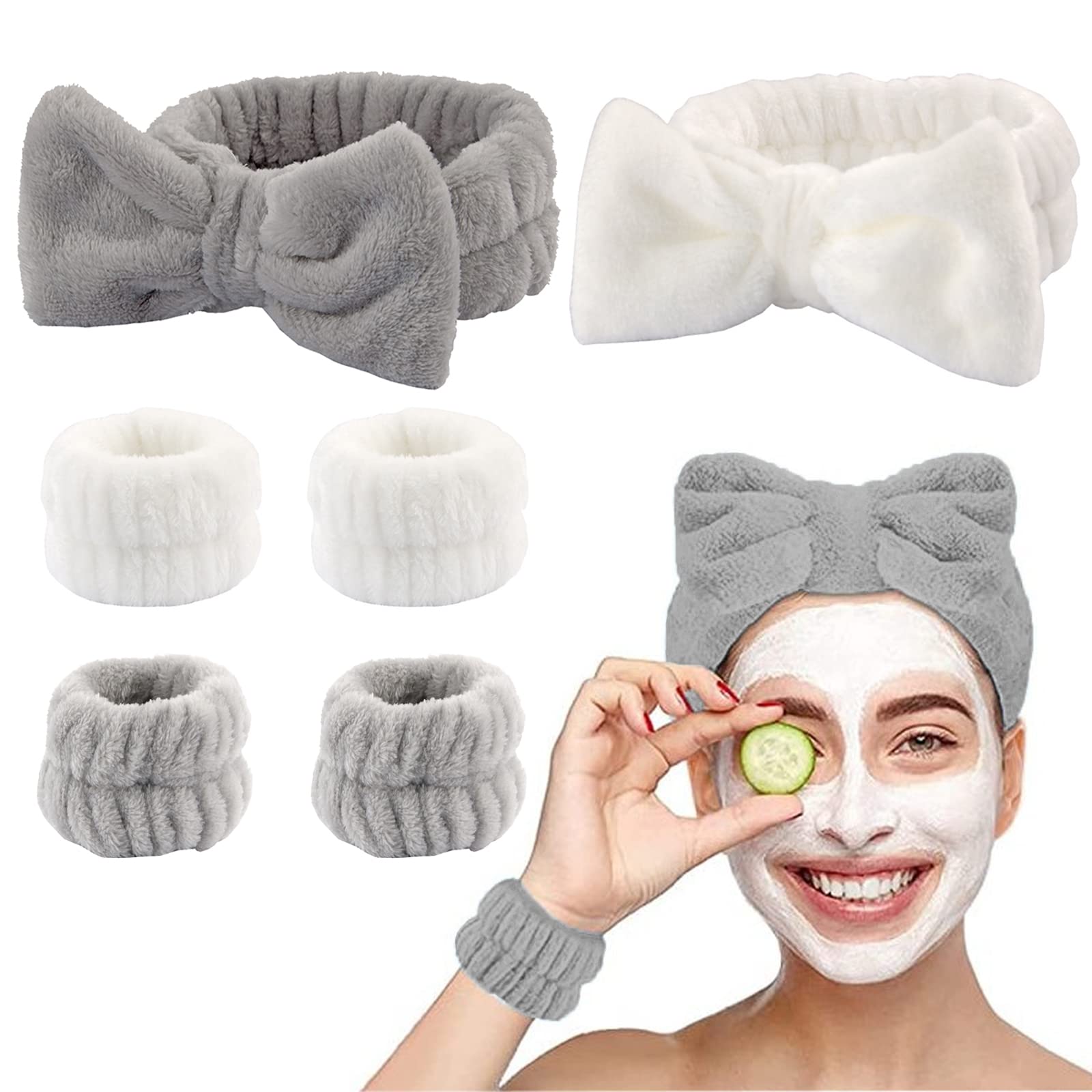 BSITSSS 6Pcs Skincare Headband, Bowknot Makeup Headband with Wrist Bands for Face Washing, Headband for Washing Face Coral Fleece,Spa Headband Soft Elastic for Washing Face Shower Yoga Sports Skincare