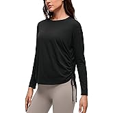 CRZ YOGA Pima Cotton Side Ruched Shirts for Women - Casual Workout Yoga Long Sleeve Tops Loose Crewneck Soft Comfort T-Shirts