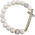 Bocar Metal Plated Sideways Crystal Cross Bangle Charm Beads Stretch Bracelet