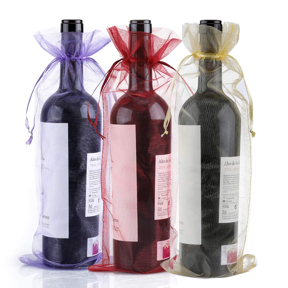 jijAcraft 30PCS Organza Wine Bags: 37x16cm Multicolour Organza Bottle Gift Bags with Drawstring for Wine Glasses, Flip Flops, Party Favours (Gold+Purple+Red)
