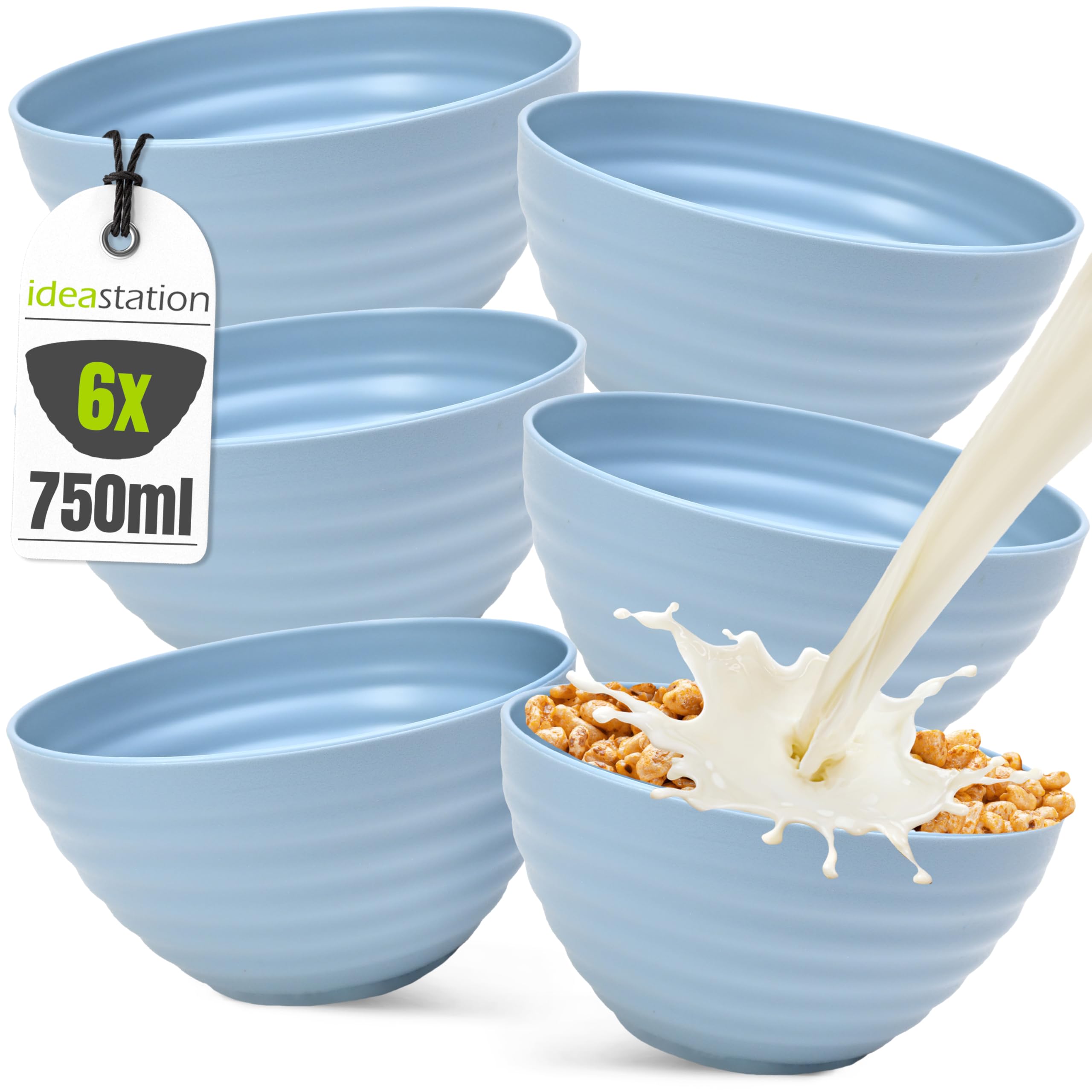idea-station Plastic Bowls 6 Pieces 750 ml - Light Blue - shatterproof Cereal Bowl - Reusable Ramen Bowl Set - Unbreakable Bowls