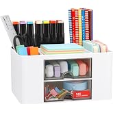 Desk Organizer with 2 Drawer, Plastic Desktop Pen Pencil Card Holder Storage Box for Desk, Office Supplies, Vanity Table Office School Home (White)