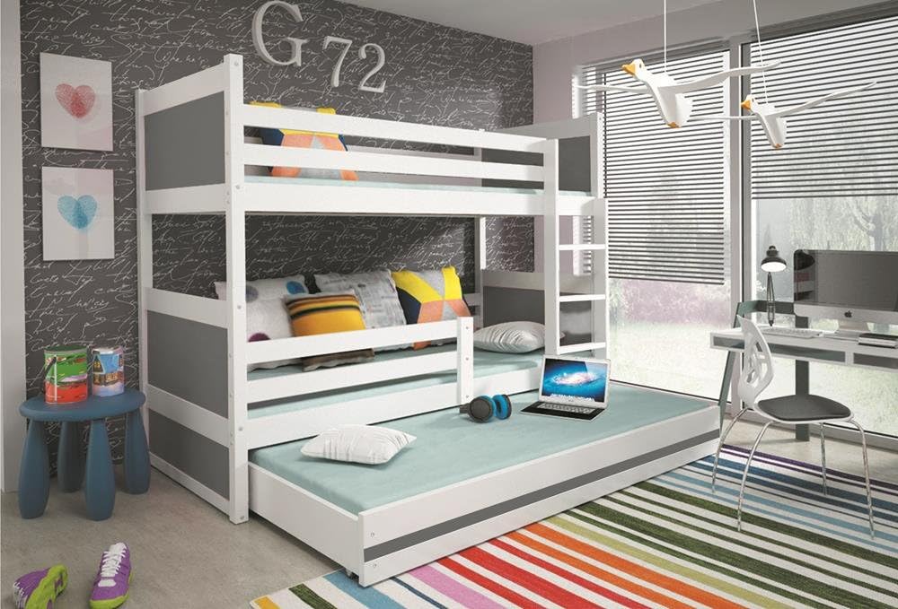 RICO children's bunk bed with trundle, white wooden beds for kids +mattresses, SEE COLOURS! (Graphite, 160x80)