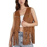 GOKTOW Cowboy Cowgirl Vest for Women Fringe Faux Suede Western Vest Tassel Tops Sleeveless Hippie 70s Light