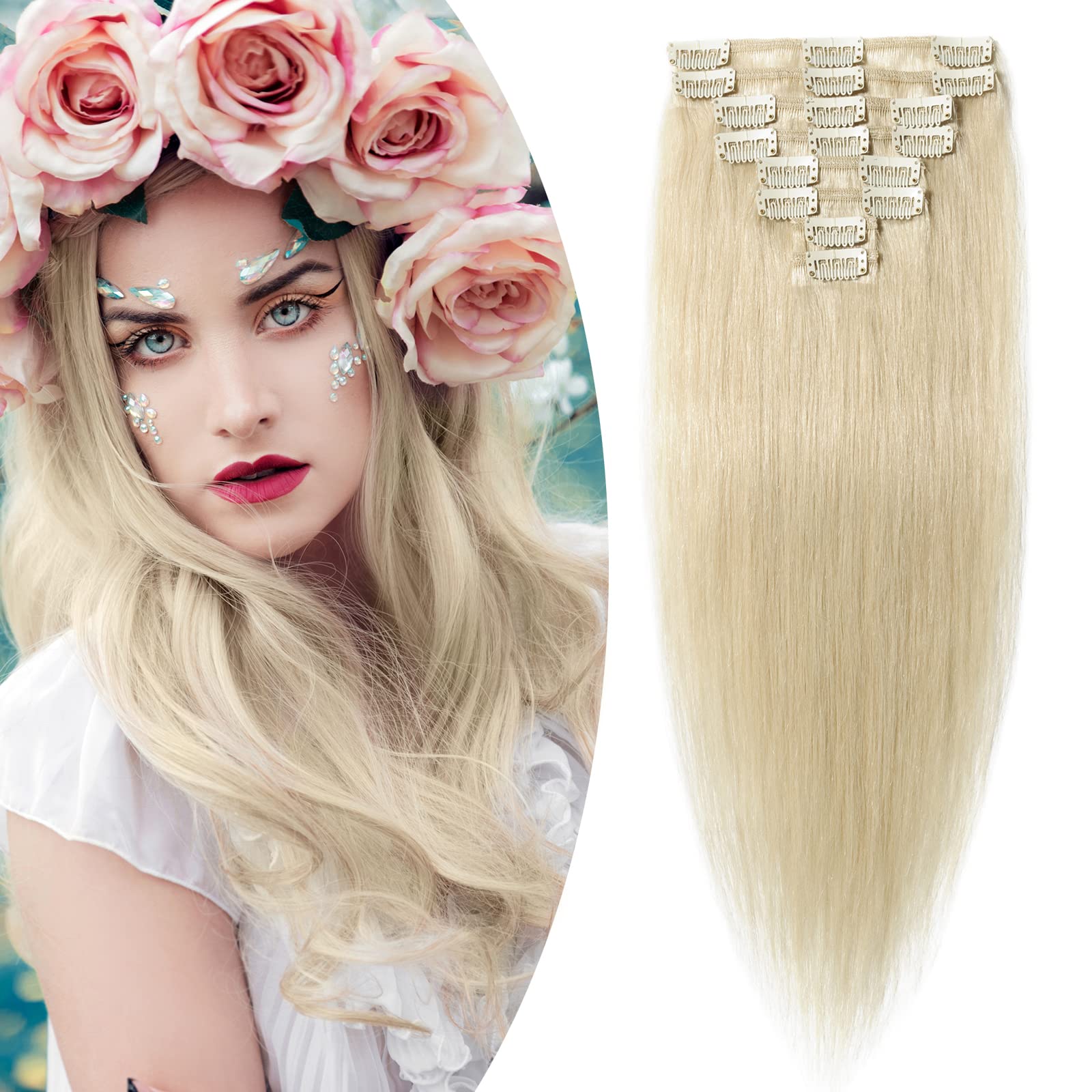8"-24" Clip in Hair Extension Real Human Hair 100% Remy [#60 Platinum Blonde] 8PCS Full Head Normal Weft Hair Pieces for Women Straight (8inches,45g)