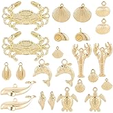 SUNNYCLUE 1 Box 24Pcs 12 Styles Real 14K Gold Plated Alloy Ocean Charm Sea Animal Charms Conch Sea Turtle Shell Lobster Fish Dolphin Marine Pendants for Jewelry Making Earrings Necklace DIY Crafts