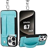 TOOVREN Phone Cover Compatible with iPhone 15 Pro Max Case with Wallet Strap Card Holder Stand Leather Cover Fits iPhone 15 Pro Max Wallet Case Lanyard for Women & Men 6.7 Inch Blue