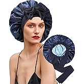 Satin Bonnet Silk Bonnet for Sleeping Silk Sleep Cap Double Layer Hair Bonnet with Elastic Tie Band for Curly Hair Night Cap (Navy+Light Blue)
