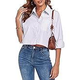 FIOPHY Women's Button Down Shirt Cropped Oversize Boyfriend Long Sleeve Collared Crop Loose Blouses with Pocket
