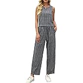Tanming 2 Piece Sets for Women Summer Gingham Plaid Tank Top Crop Pants Travel Vacation Beach Lounge Sets(Black-M)
