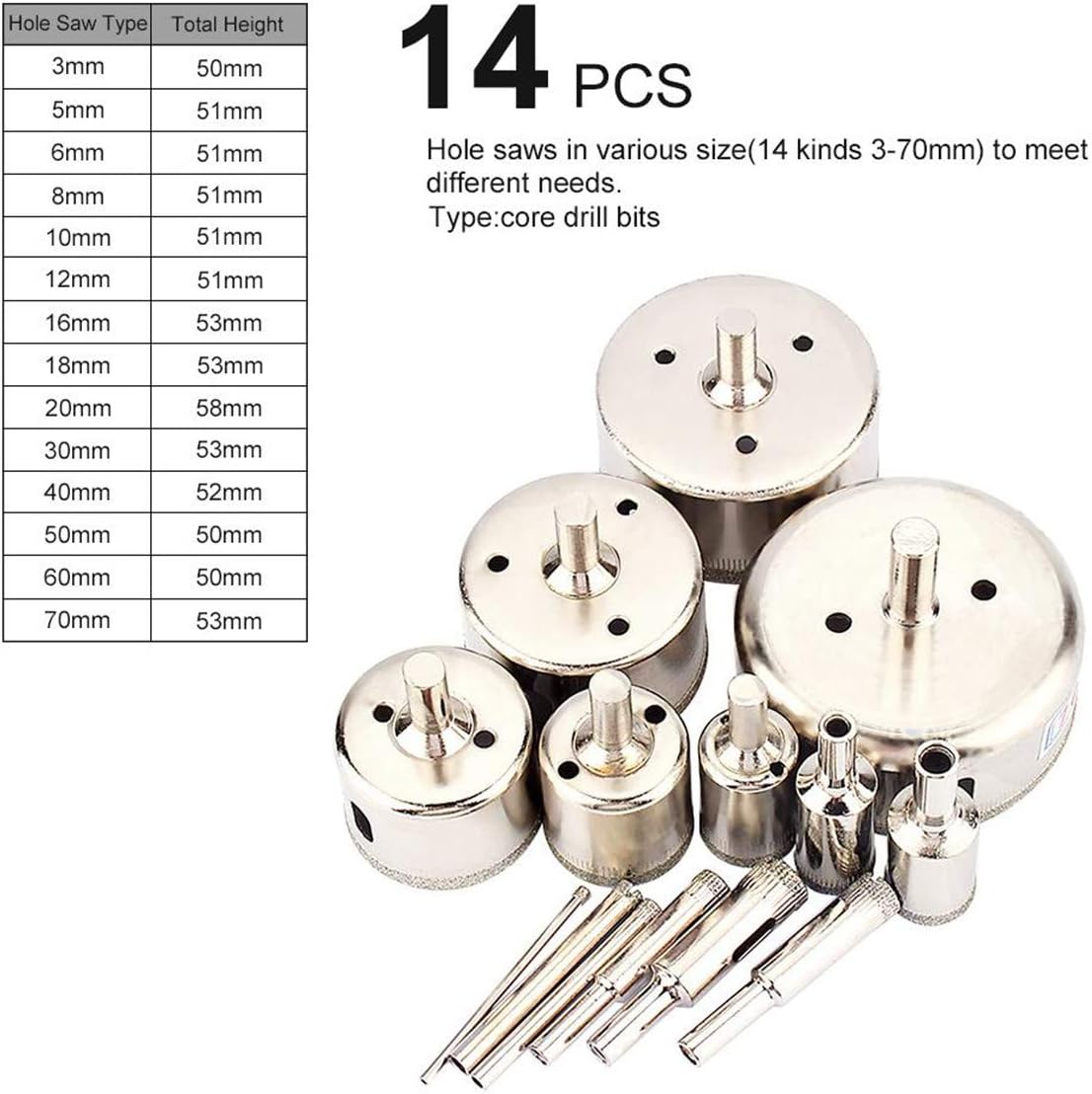 Yosoo 14pcs Diamond Drill Bit Set 3-70mm, Wet Use for Tiles Glass, Fish Tanks, Marble, Ceramic, silver, 14Pcs(3-70mm) - Image 3
