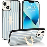 Jefonha Compatible with iPhone 13 Case with Finger Hand Strap Kickstand, Trendy Cool Striped Phone Case for Women Men, Full Camera Protection Shockproof Protective Cover, White and Blue Stripes