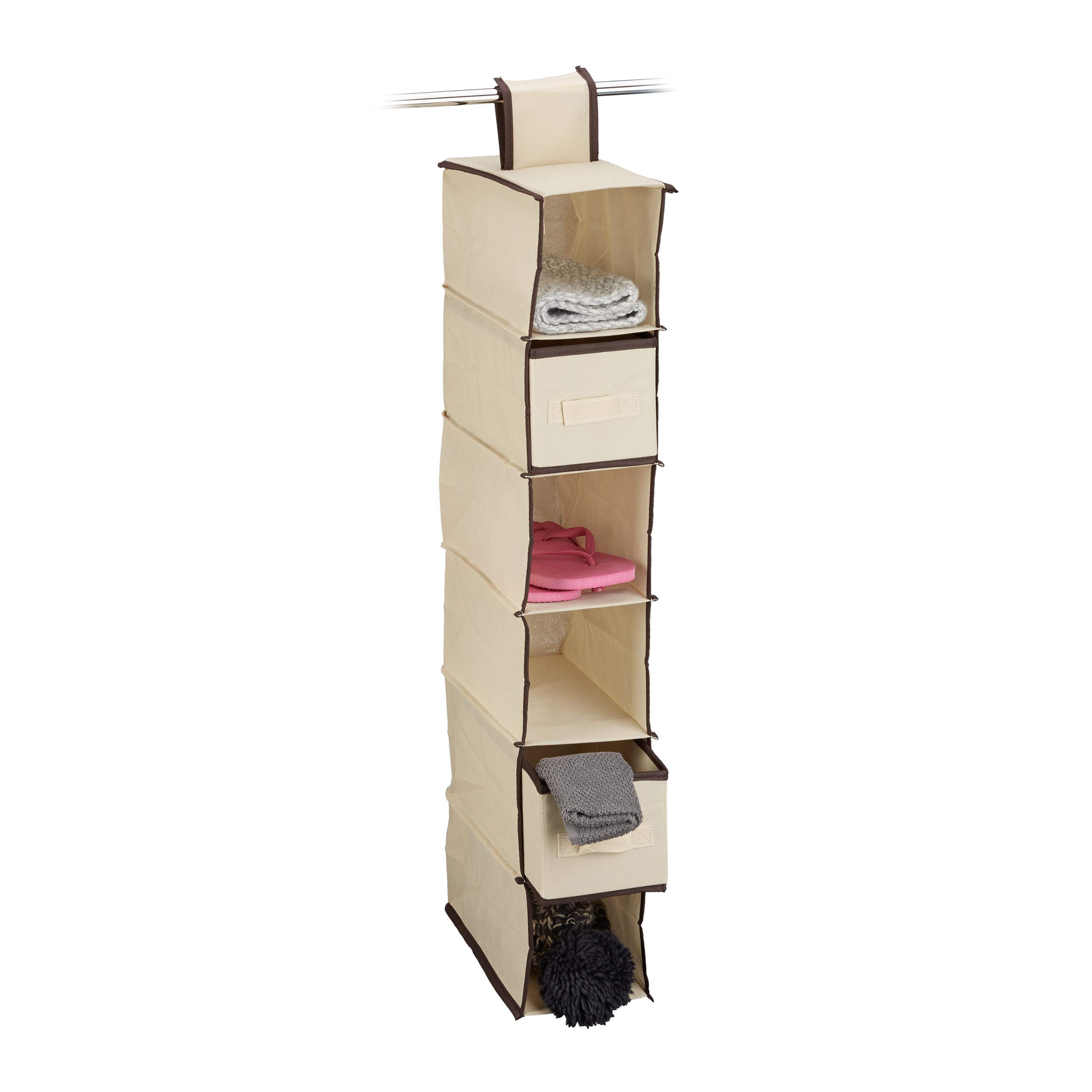 Relaxdays Fabric Hanging Shelves, 6 Compartments with 2 Drawers for the Closet, Foldable, Size: 82 x 14.5 x 30 cm, Beige