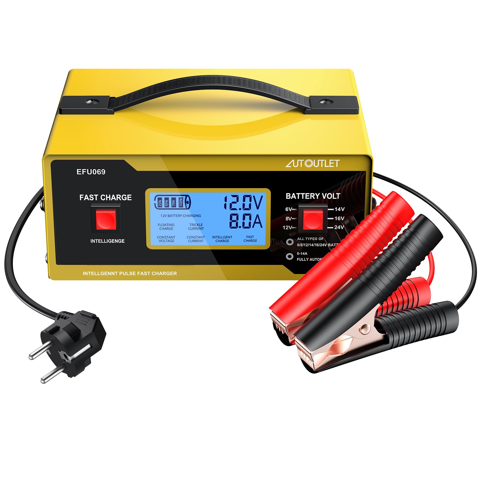 AUTOUTLET Ladegerät Autobatterie, 6/8/12/14/24V Smart vollautomatische KFZ Batterieladegerät Erhaltungsladegerät mit LCD Bildschirm, 0-14A Batterie Ladegerät für Auto Motorrad Rasenmäher Boot(Gelb)