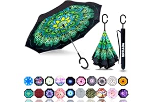 MRTLLOA 40/49/56 Inch Oversize Windproof Inverted Reverse Upside Down Umbrella, Golf Size Rain Umbrella, Double Layer, C-Shaped Handle for Men, Women and Kids(Green Peacock, 49 Inch)