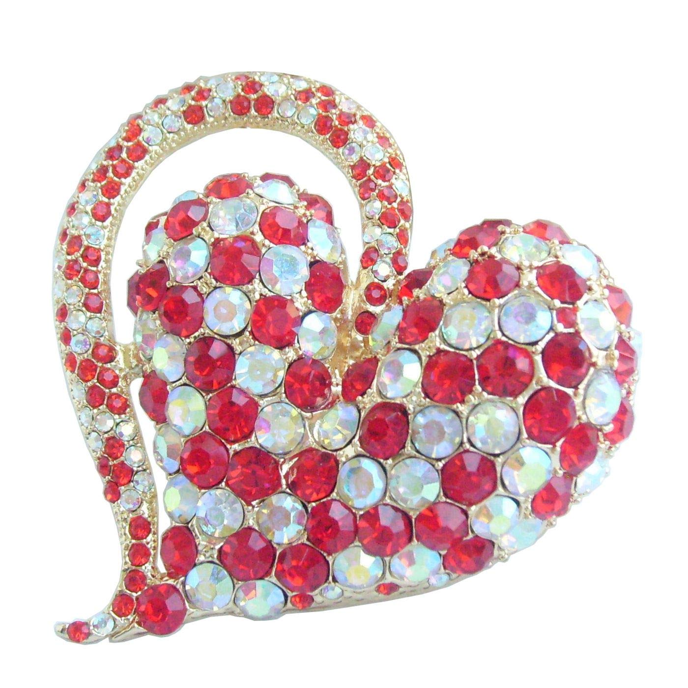 Sindary 2.76" Austrian Crystal Pendant Love Heart Brooch Pin UKB4817 (Gold-Tone Red)