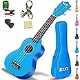 iECO Soprano Ukulele Beginner Kit for Kids Adults 21 Inch Ukelele w/Case Strap Tuner Strings Picks (Blue)