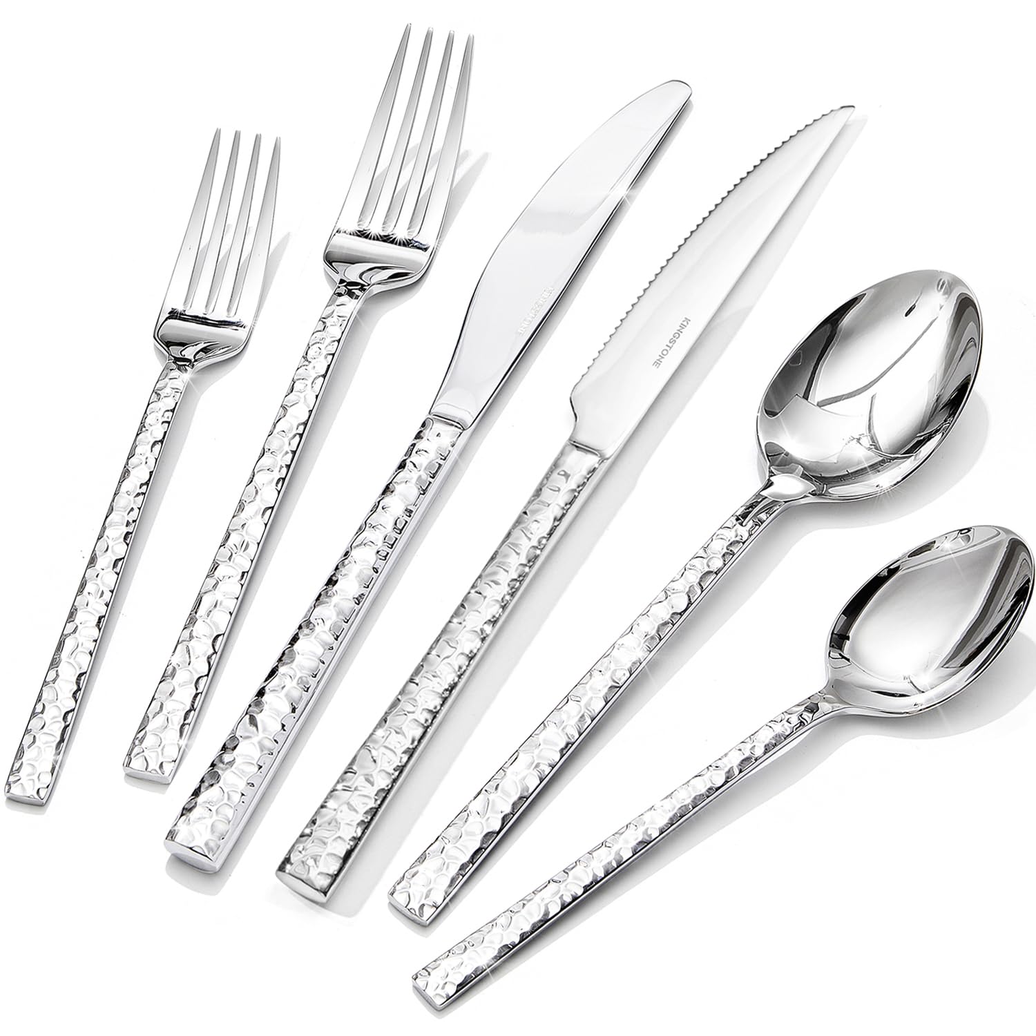 Photo 1 of KINGSTONE 48 Piece Silverware Set with Steak Knives, Hammered Silverware Set for 8, 18/10 Stainless Steel Flatware, Cutlery Set for Home, Party, Wedding, Mirror Polished Dishwasher Safe