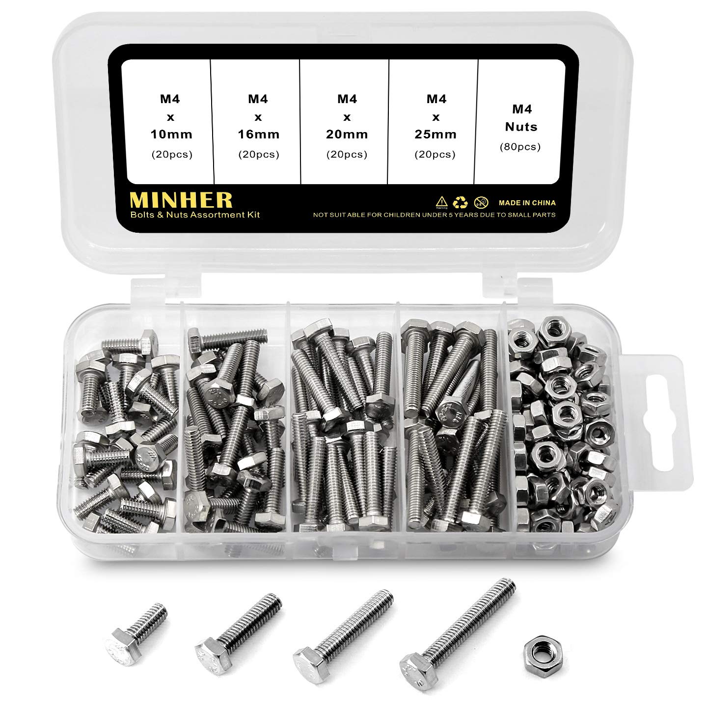 M4 Hex Head Screws Bolts and Nuts Set, 304 Stainless Steel 18-8, Full Thread, Bright Finish, Machine Thread (10mm 16mm 20mm 25mm)