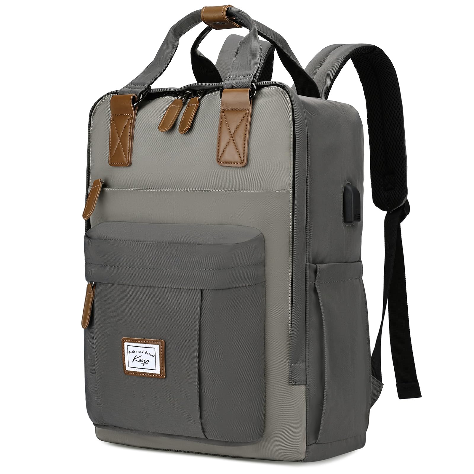 Kasgo School Backpack for Men, Water Resistant 15.6 inch Laptop Rucksack with USB Charging Port Bookbag Casual Daypack for Women Teenagers College Travel Work (Grey)