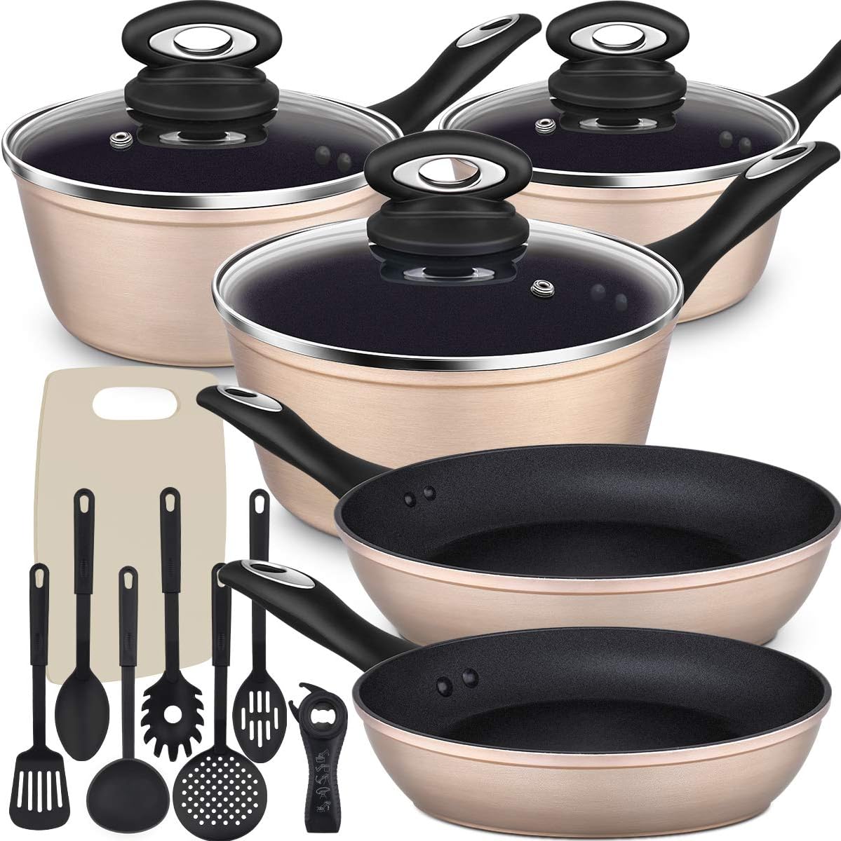 Lightning Deal Pots and Pans Set,Multilayer Non-Stick Coating from Germany, Induction Cookware,Cool Silicone Handles & Steam Releasing Silicione lid,Dishwasher Safe,PFOA Free,Mother's Day Gifts