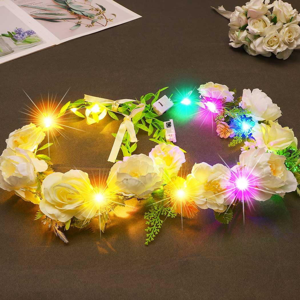 Vakkery LED Flower Crown Headbands Light Up Garland Headband Floral Wreath Headdress Festival Hair Accessories for Women