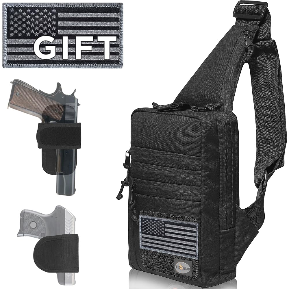 Photo 1 of TECEUM Tactical Compact Sling Bag with patch – CCW for Everyday – For R&L Hand – Shoulder Crossbody Bag for Concealed Carry of Handgun – Pack (Black)