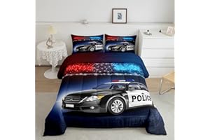 Erosebridal Police Car Comforter Sets Twin Size,Policeman Vehicle Bedding Set for Kids Boys Children,Red Blue Cop Lights Down Comforter Geometric Graphics Duvet Sets Bedroom Decor with 1 Pillow Case