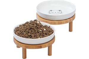 Lusifaco Shallow Elevated Cat Bowls,5.9 Inch Wide Raised Ceramic Cat Dishes with Bamboo Stand, Whisker Friendly Pet Water or Food Plates Feeding Station for Indoor Cats, Kitten(White,Set of 2)