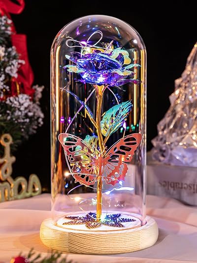 Beferr Colorful Forever Rose with Glass Dome LED Base Gift for Mum Women