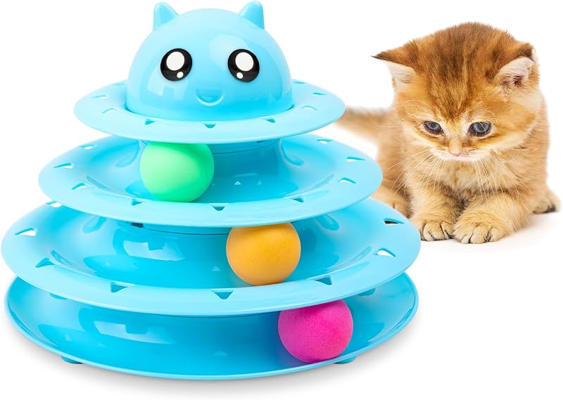 FurDreams Cat Roller Ball Toy Interactive Blue 3 Tier Puzzle Tower