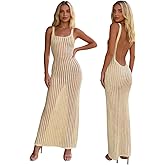 BOLLEY JOSS Women Crochet Knit Maxi Dress Sexy Backless Hollow Out Beach Dress Mesh Sundress Summer Dresses for Women