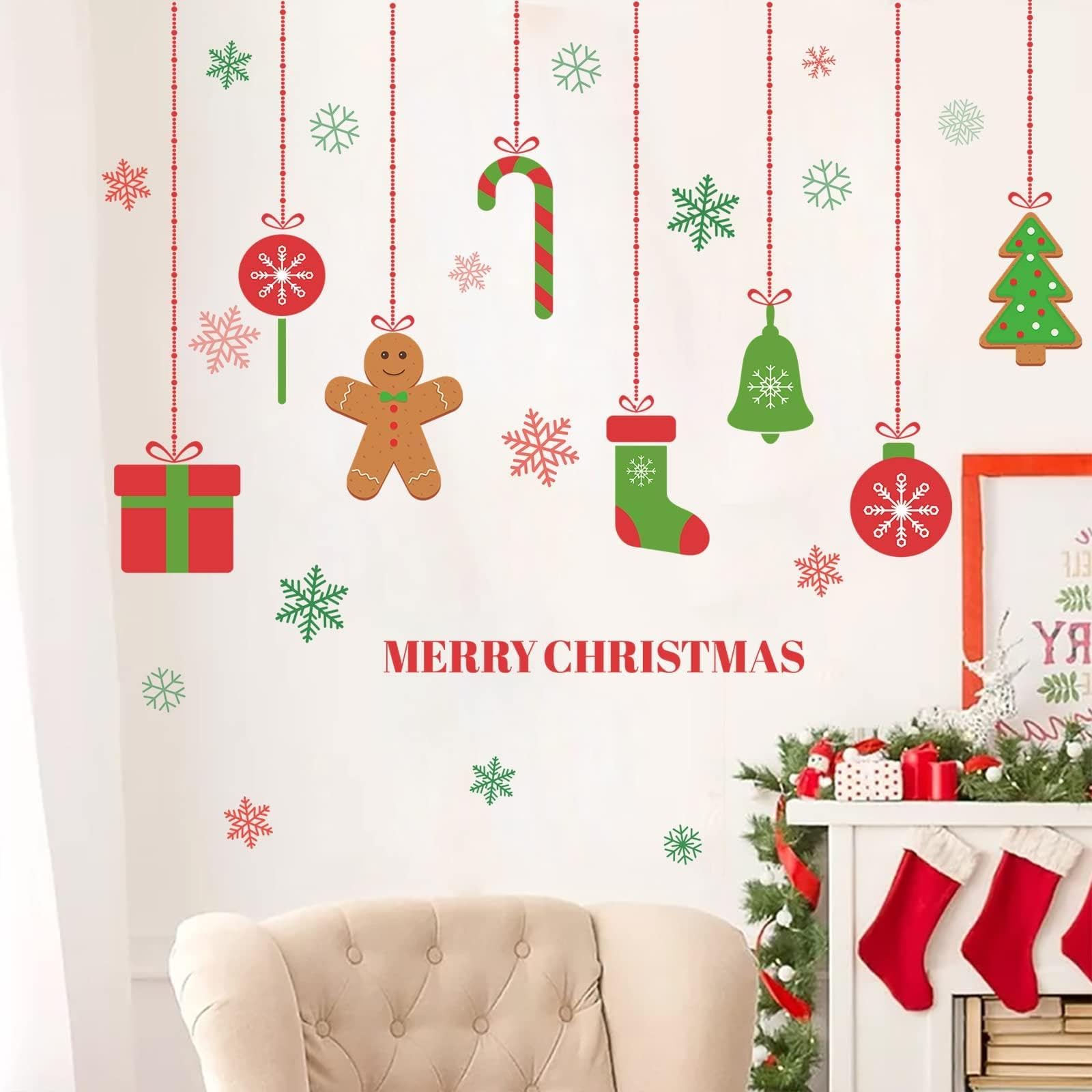Christmas Wall Decals Peel and Stick – Removable Hanging Ornaments Holiday Decorations with Gingerbread Man, Candy Cane, Stocking & Tree – DIY Xmas Wall Stickers for Home, Fireplace, Nursery