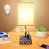 BTU Bedside Table lamp with Alarm Clock - 3 Color Temperatures Bedside Lamps with USB C and A Ports,Table Lamps with AC Outlet, Nightstand Lamps for Kids Room, Living Room, College Dorm, Home, Office