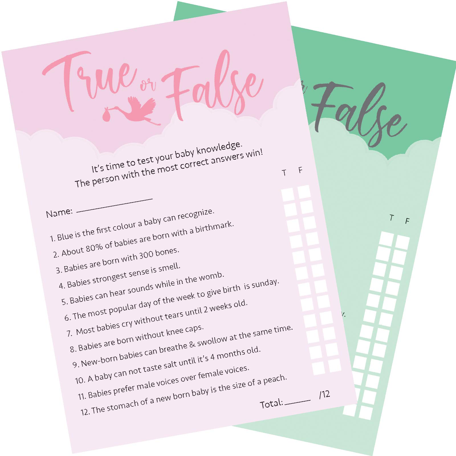 12 x Pink Baby Shower Games True Or False 12 Game Cards and 1 Answer Card Boy/Girl/Unisex (Pink, 12)