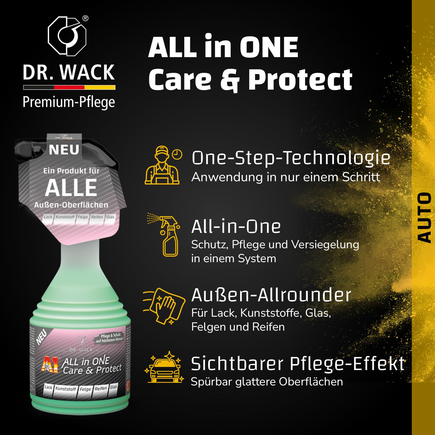 Dr. Wack – A1 All in ONE Care & Protect Autopflege 500 ml I Für alle Auto-Außenoberflächen I Schutz, Pflege & Versiegelung in 1 Schritt I Lackpflege, Felgenschutz, Reifenpflege & Regenabweiser 2